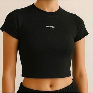 MadHappy Baby Tee Crop Top Black Ribbed Knit Size Large